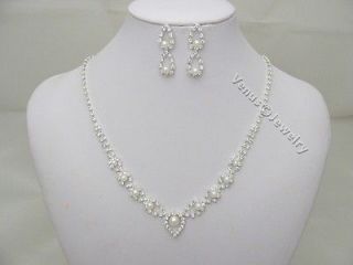   PEARL CRYSTAL Wedding Bridal NECKLACE EARRINGS SET Brides Maid Gift