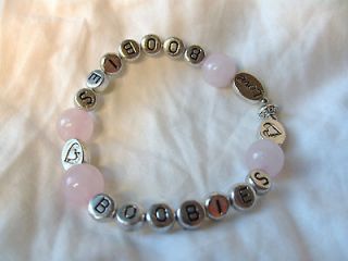 Pink Rose Quartz Bead Breast Cancer Awareness Bracelet Silver I Love 