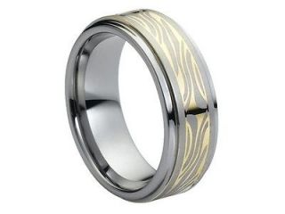 Tungsten Carbide Ring Gold Plated Mokume Gane Pattern Stepped Edge 