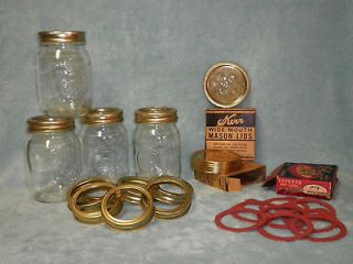 Vtg Golden Harvest Mason Jars, 9 Twist Caps 8 Rubber Seals & 23 Wide 