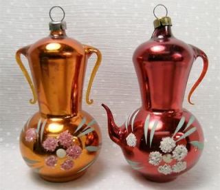 Set Vtg Antique Glass Coffee Pot & Urn Xmas Ornaments Germany