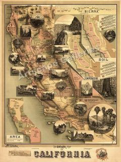 1888 The Unique Map of California Historic Map 24x32