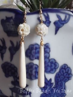 EARRINGS antique ox bone CHINESE carved DRAGON beads + LONG pendants 