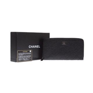 Authentic Chanel Black Caviar Leather Quilted Zip Around Long Wallet