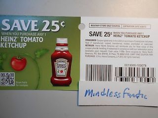 11) $.25 Any One Size HEINZ KETCHUP Coupons x4/30/13 W1