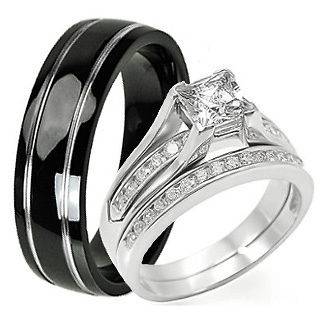 3pcs His & Hers STERLING SILVER Black TITANIUM Engagement Wedding Band 