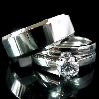 3pcs HIS HERS Stainless Steel WEDDING BAND RING SET MENS and WOMENS 