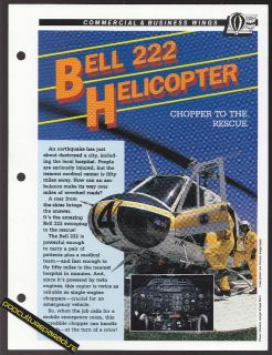 BELL 222 Rescue Chopper Helicopter Photo INFO SPEC SHEET