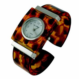 White Face Silver Acrylic TORTOISE Shell Hinged Cuff Bracelet Watch