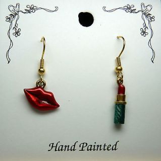 Handpainted Lipstick and Lips Charm Dangle Earrings
