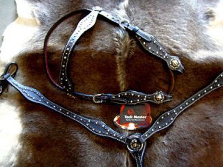 HORSE BRIDLE BREAST COLLAR WESTERN BLACK LEATHER HEADSTALL GOLD CROSS 