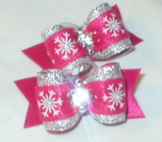 Vals Dog Bows~Pair x sm Shimmer Hot Pink or Lavender Snowflakes for 