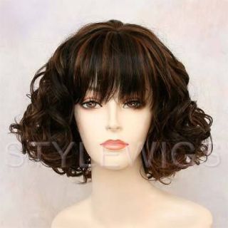 Short Human Hair Blend Curly Wavy Heat Safe Black & Auburn Mix Wig 