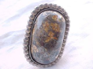 HUGE VINTAGE SILVER PLATE KNIFE HANDLE RING W/ GIANT MEXICAN OPAL 