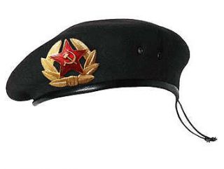Soviet Russian Army Uniform Black Beret Hat Cap +Badge NATURAL WOOL 