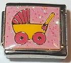 PINK BABY BUGGY 9mm ENAMEL ITALIAN CHARM LINK P21 CARRIAGE INFANT 