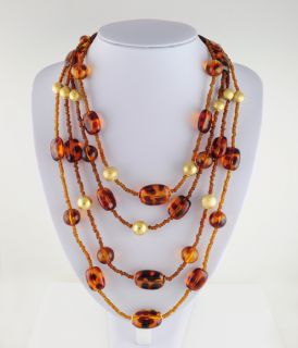  Faux Tortoise Shell Bead 4 Tier Nesting Necklace 14KT Yellow Gold Ep