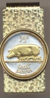 Irish 1/2 Penny Pig & Piglets Money Clip Gold on Silver Coin Jewelry