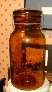   AMBER COLORED LIGHTNING FRUIT JAR WITH GLASS LID  OLD GLASS/WHITTLED