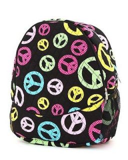 Black & Multi Color Peace Sign Polka Dots Large Quilted Backpack for 
