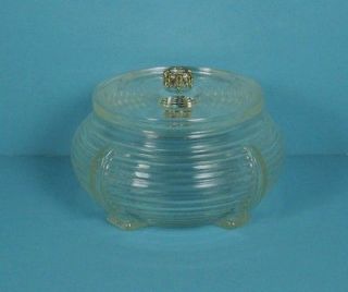 Vintage Glass Powder Jar with Lid Art Deco Style Footed Decorated 