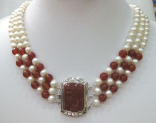  row white pearl & red jade black agate turquoise wedding necklace