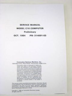 SERVICE MANUAL Commodore 16 Model C16 Computer Prelim.