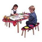 Kids Chalk Art Wooden Activity Table w/ Paper Roll & Benches 