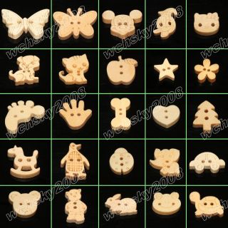 100X Cartoon Wooden Buttons Loose Beads Craft Sewing Clothing 