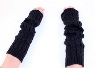 Winter Braided Knit Arm Warmer Fingerless Gloves Black A1002