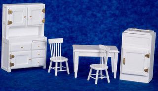 Dollhouse miniature kitchen set chairs/Table/H​utch/Icebox vintage 