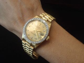 Ladies 18K Yellow Gold Rolex Datejust, Diamond Dial and Bezel, Mid 