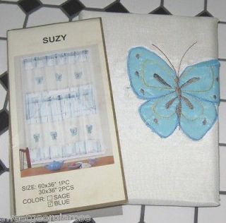 CAFE Kitchen Curtains Tiers Set SUZY BUTTERFLY BLUE Cream Brown Yellow