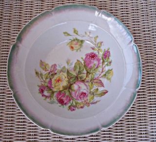   German 1890s Bavaria Pink Yellow Roses Porcelain Serving Bowl