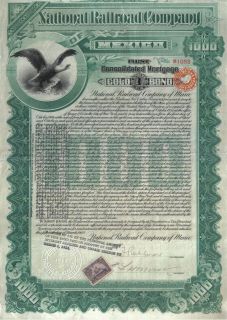 Mexico 4% Gold Bond 1902 National Railroad Co $1000 UNCANCELLED 
