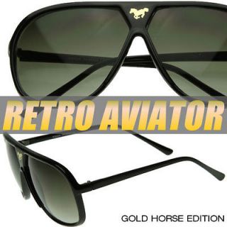 Large Retro Stunner Plastic Aviator Sunglasses w/ Mustang Horse Logo 