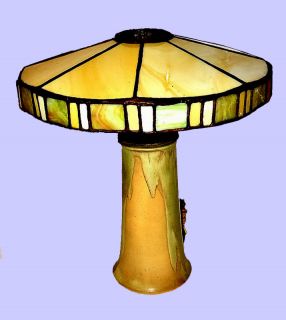   POTTERY LG YELLOW w GREEN DRIP LAMP BASE & LEADED STAINED GLASS SHADE