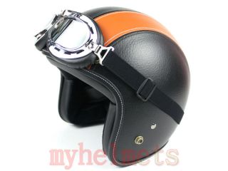 Black/Orange Leather Harley Open Face Helmet Motorcycle Motorbike 