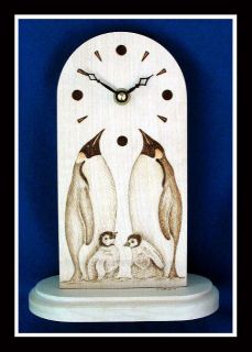   penguins mantle clock pyrography fine art collectable original time