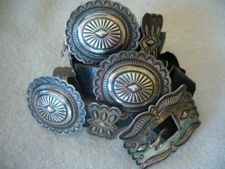 LARGE STERLING REPOUSE & HIGH DETAIL HAND WROUGHT CONCHO BELT BY R 