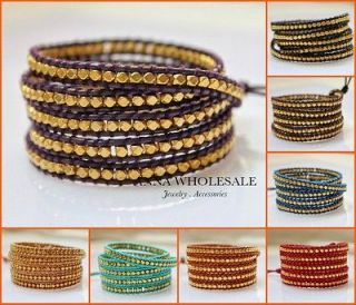   Gold Plate Beads Leather 5 Stands Fashion Cuff wrap bracelets Bangle