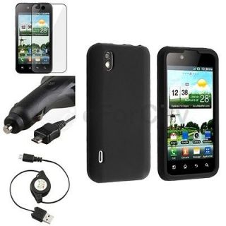 Black Rubber Case+Retract Car Charger+USB+Film For LG Marquee Optimus 