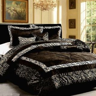 7PC Luxury Faux Fur Safarina Black&White Zebra Animal Comforter QUEEN 