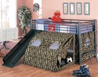 NEW G.I. ARMY CAMOUFLAGE TWIN LOFT METAL BUNK BED W/ SLIDE TENT