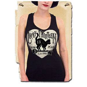 Lucky 13 Black Kitty Cat Prowl Pinup Tank Top PUNK Rockabilly Goth Emo