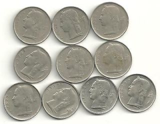 NICE LOT 10 BELGIUM 1 FRANC COINS 1950,195​1,1952,1958,19​63,1967 