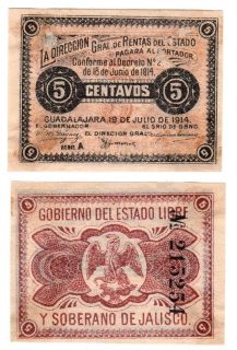 Mexico 5 Cents Direccion Gral de Rentas Estado de Jalisco, S 844 