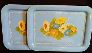 Set of 2 Vintage Cottage Blue TV Trays Floral Litho Design