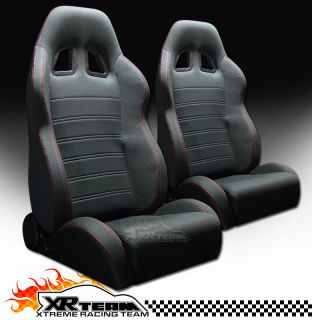 2x Microfiber Fabric JDM Blk & Red Stitch Racing Bucket Seats+Sliders 