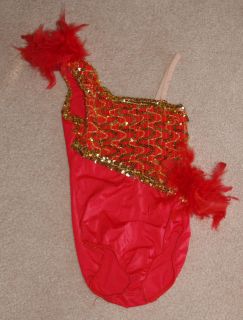 GIRLS MEDIUM GOLD SEQUIN & RED FEATHERED DANCE MAJORETTE COSTUME 